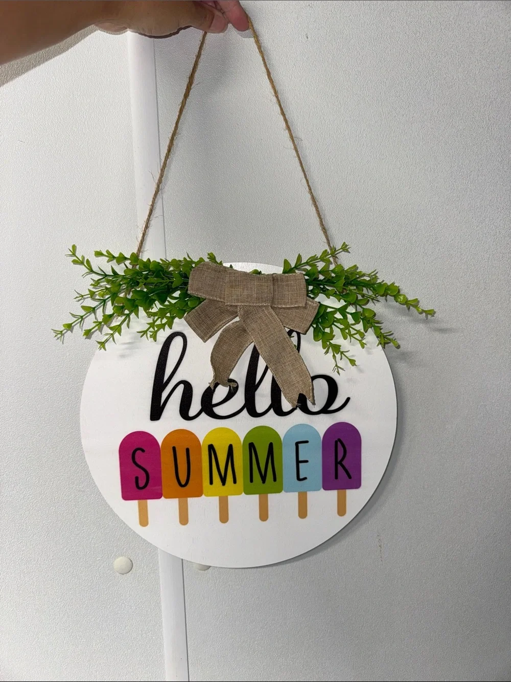 Hello Summer Popsicle Round Wall Sign - White with Multicolor Pops (larger size)